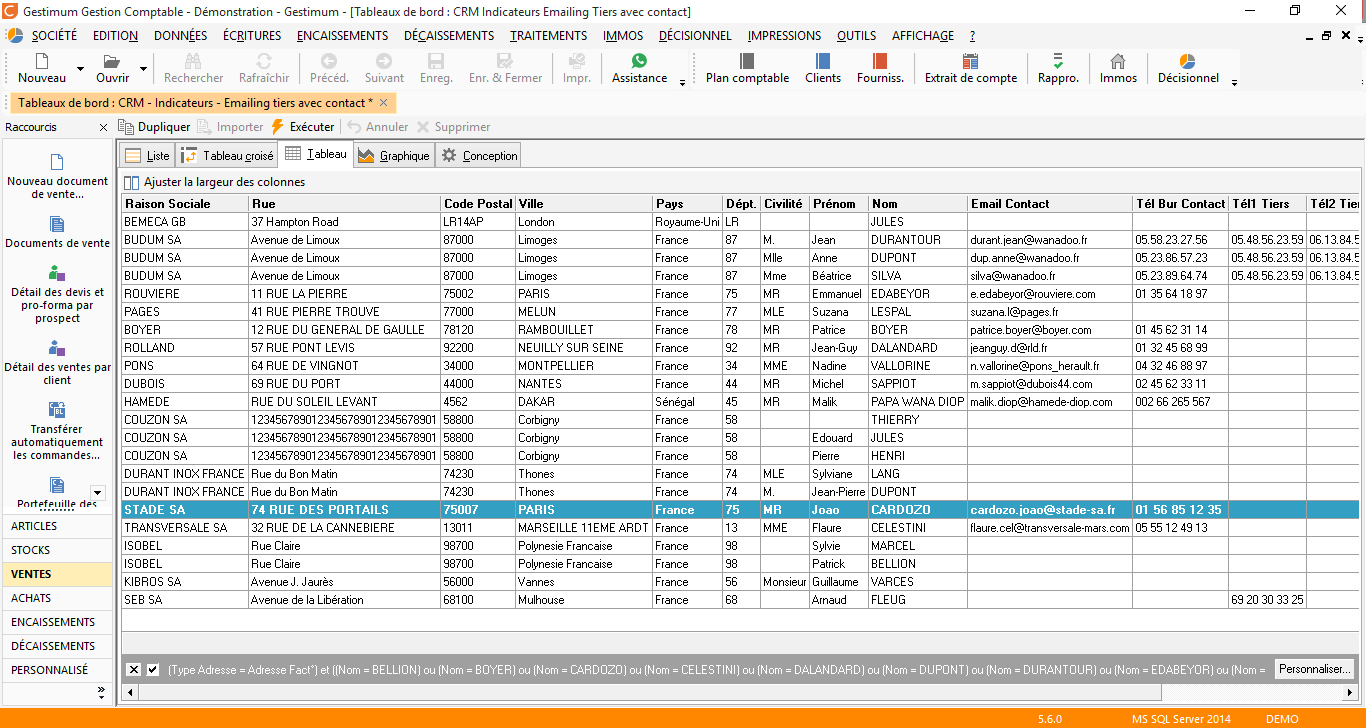 CRM : Tableau de bord : E-mailing tiers avec contact
