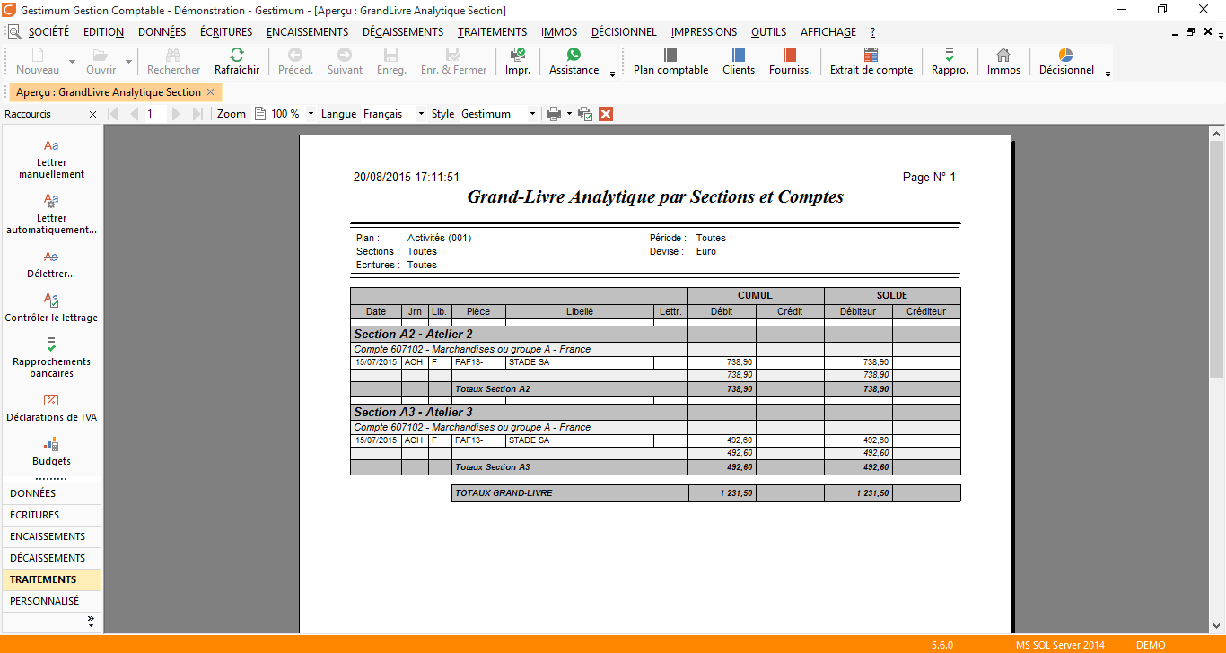 Logiciel comptabilité Analytique : Grand livre analytique par sections et comptes