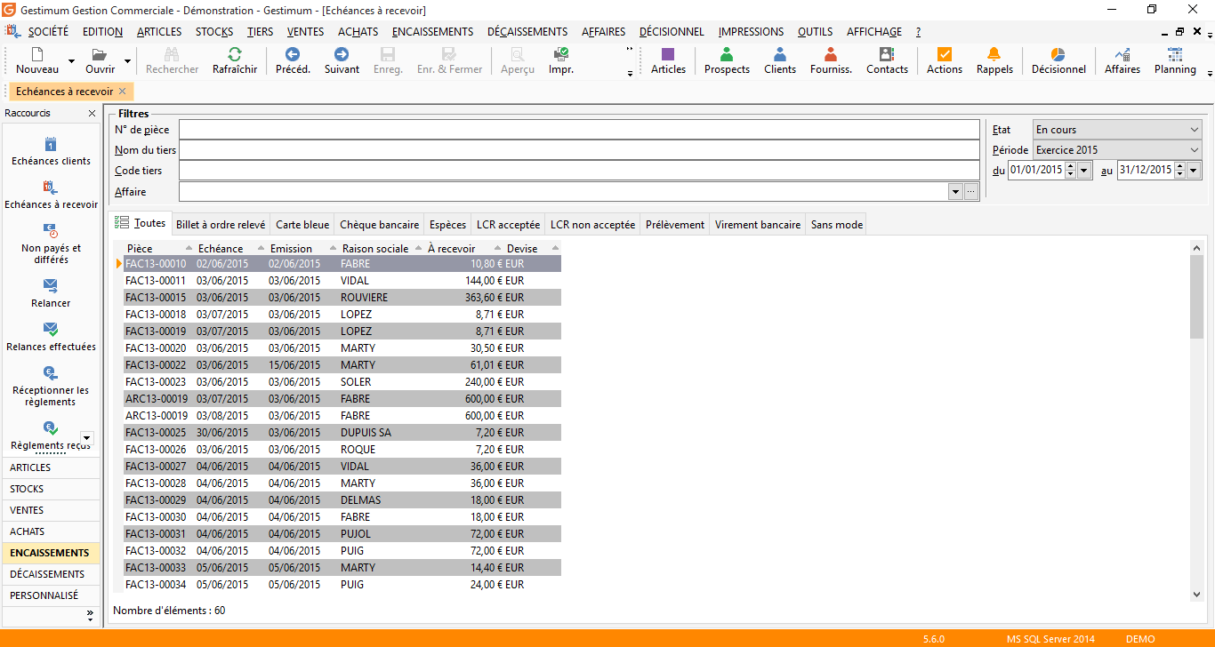Logiciel ERP : Les échéances à recevoir