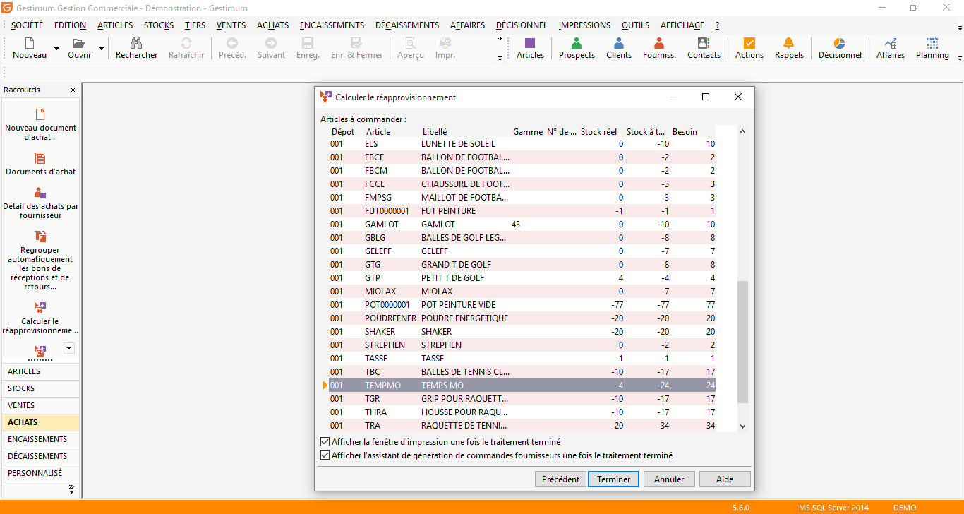 Logiciel de Gestion Commerciale : Commandes-réceptions : calcul du réapprovisionnement