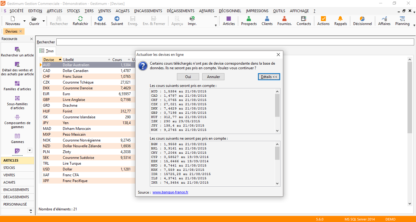 Logiciel de Gestion Commerciale : Actualisation des devises