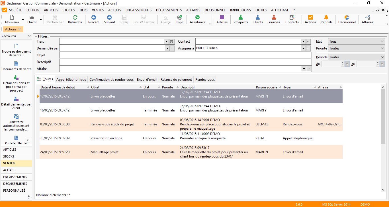 CRM : Liste des actions
