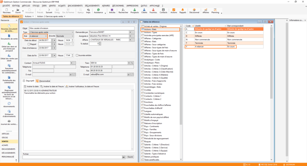 Paramétrage état des actions dans Gestimum ERP